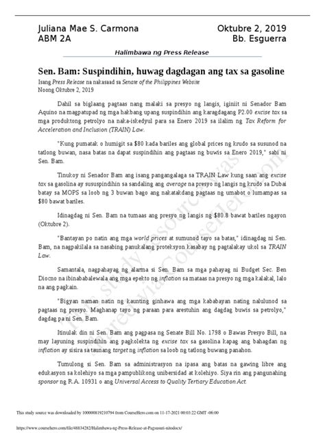 Halimbawa NG Press Release at Pagsusuri Nito .